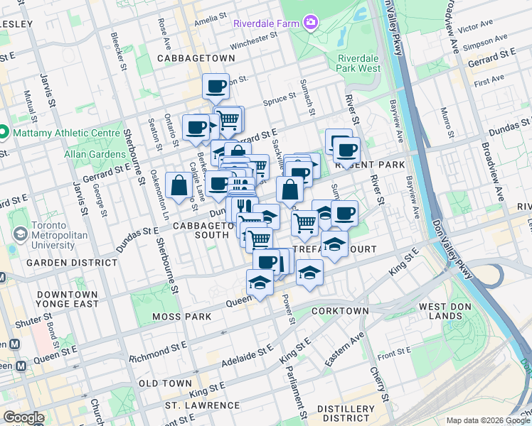 map of restaurants, bars, coffee shops, grocery stores, and more near 60 Regent Street in Toronto