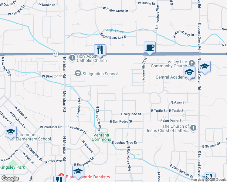 map of restaurants, bars, coffee shops, grocery stores, and more near 576 East Pasacana Street in Meridian