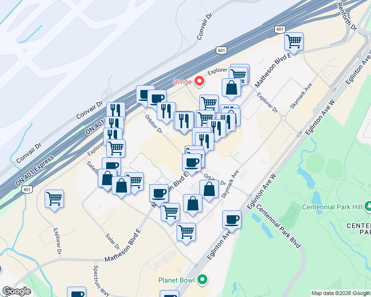map of restaurants, bars, coffee shops, grocery stores, and more near 2550 Matheson Boulevard East in Mississauga