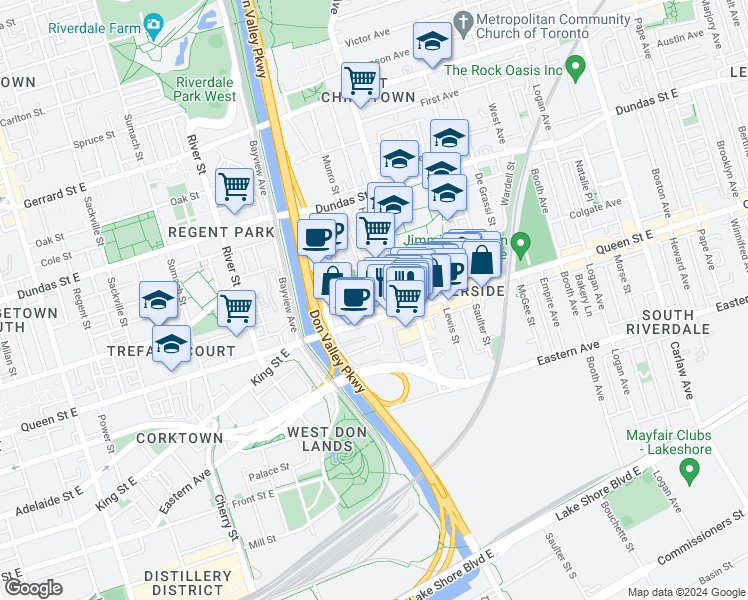 map of restaurants, bars, coffee shops, grocery stores, and more near 47 Thompson Street in Toronto