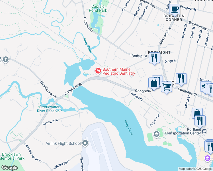 map of restaurants, bars, coffee shops, grocery stores, and more near 1600 Congress Street in Portland