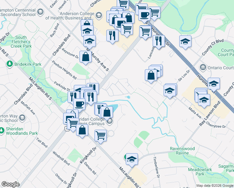 map of restaurants, bars, coffee shops, grocery stores, and more near 73 Bernard Avenue in Brampton