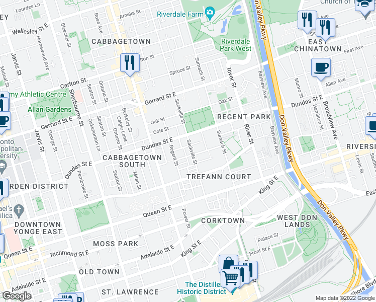map of restaurants, bars, coffee shops, grocery stores, and more near 7 Saint Bartholomew Street in Toronto