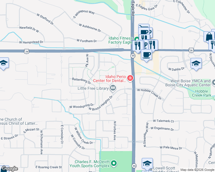 map of restaurants, bars, coffee shops, grocery stores, and more near 14101 West Guinness Court in Boise