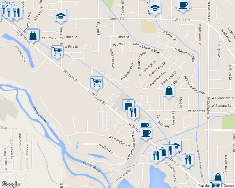 map of restaurants, bars, coffee shops, grocery stores, and more near 5788 West Clearview Lane in Boise