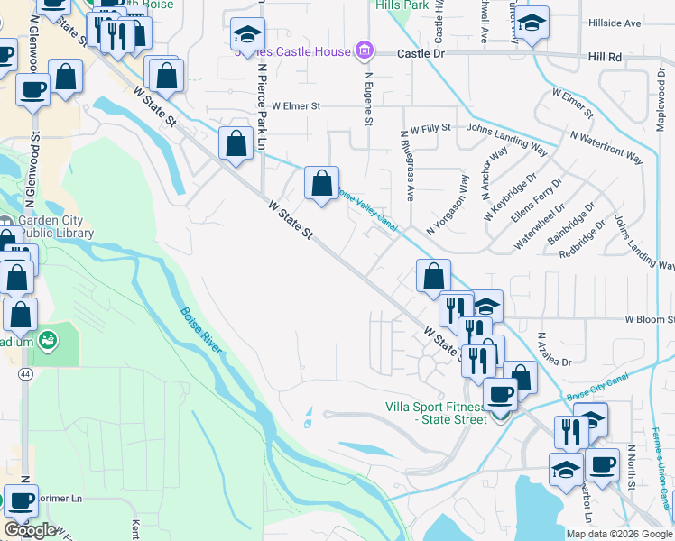 map of restaurants, bars, coffee shops, grocery stores, and more near 6103 West State Street in Garden City