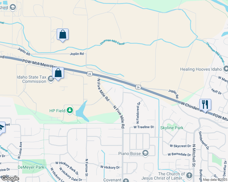 map of restaurants, bars, coffee shops, grocery stores, and more near 5850 North Five Mile Road in Boise