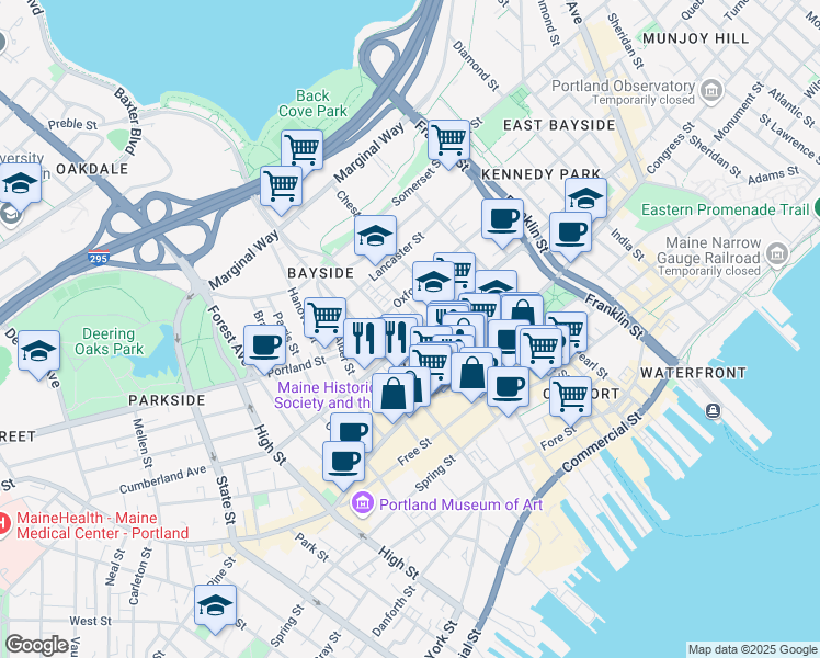 map of restaurants, bars, coffee shops, grocery stores, and more near 307 Cumberland Avenue in Portland