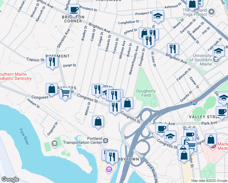 map of restaurants, bars, coffee shops, grocery stores, and more near 41 Whitney Avenue in Portland