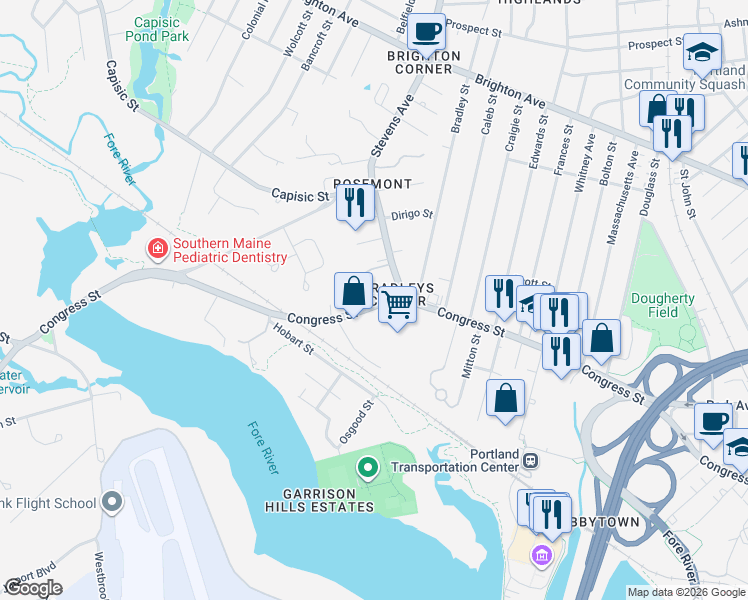 map of restaurants, bars, coffee shops, grocery stores, and more near 1398 Congress Street in Portland