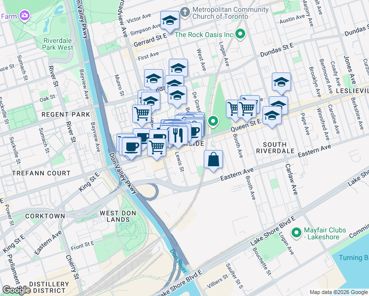 map of restaurants, bars, coffee shops, grocery stores, and more near in Toronto