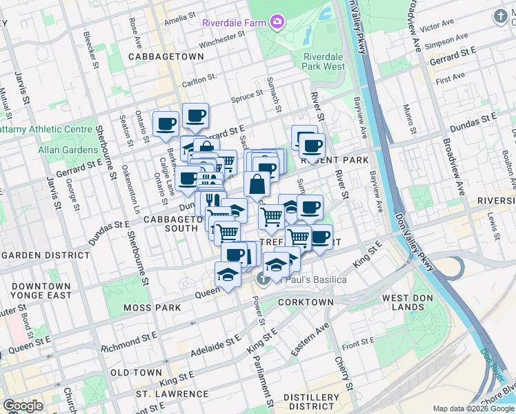 map of restaurants, bars, coffee shops, grocery stores, and more near 200 Sackville Street in Toronto