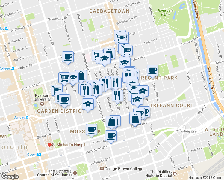 map of restaurants, bars, coffee shops, grocery stores, and more near 185 Seaton Street in Toronto