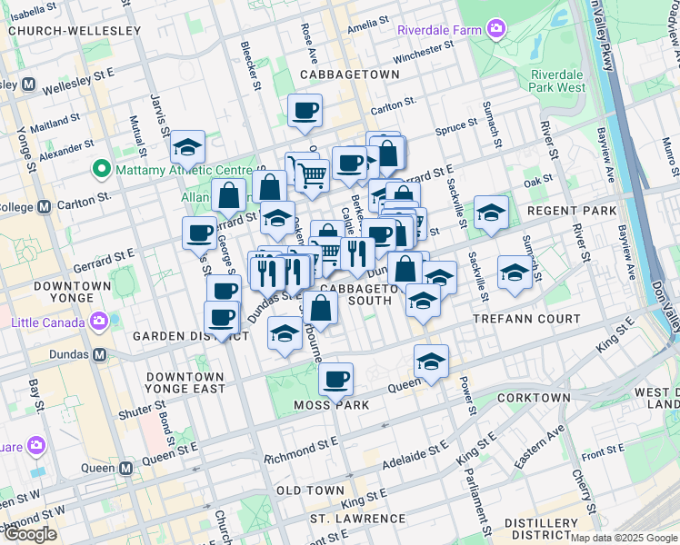 map of restaurants, bars, coffee shops, grocery stores, and more near 185 Seaton Street in Toronto