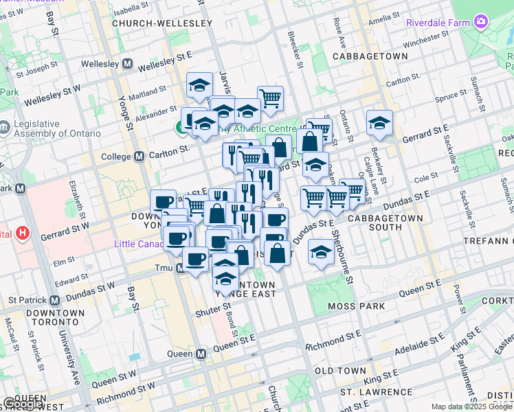 map of restaurants, bars, coffee shops, grocery stores, and more near in Toronto