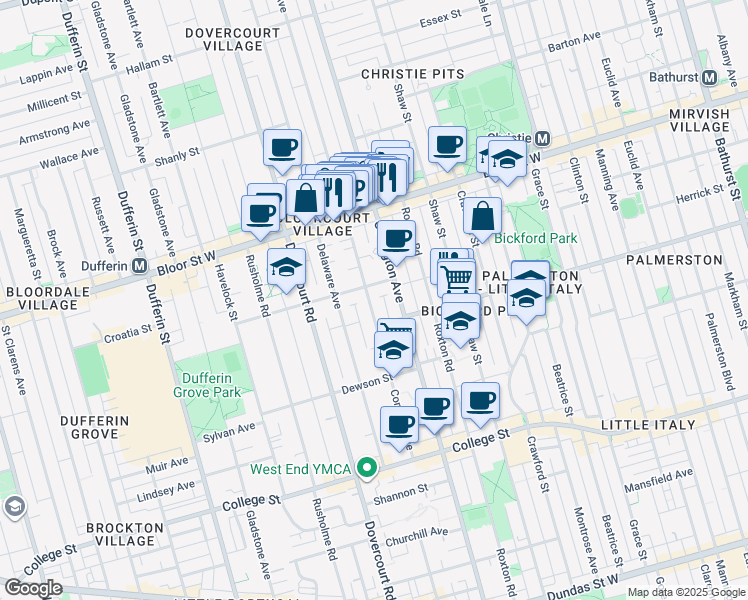 map of restaurants, bars, coffee shops, grocery stores, and more near in Toronto