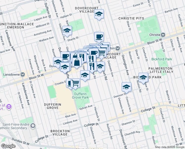 map of restaurants, bars, coffee shops, grocery stores, and more near 326 Rusholme Road in Toronto