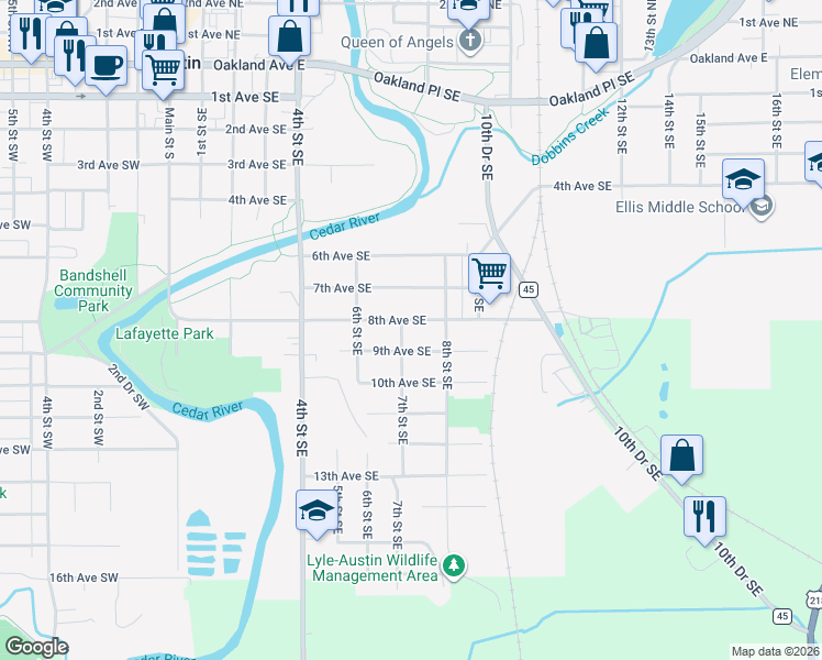 map of restaurants, bars, coffee shops, grocery stores, and more near 802 8th Avenue Southeast in Austin