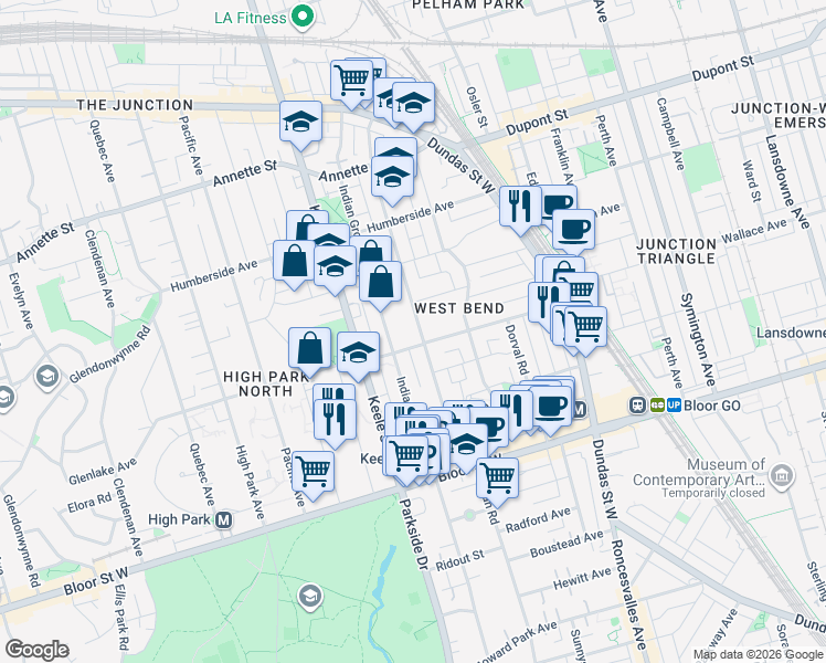 map of restaurants, bars, coffee shops, grocery stores, and more near 92 Indian Road Crescent in Toronto