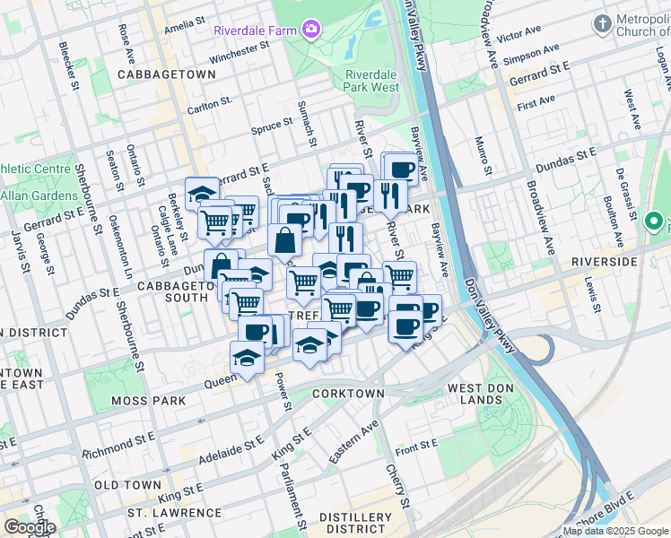 map of restaurants, bars, coffee shops, grocery stores, and more near 129 Saint David Street in Toronto