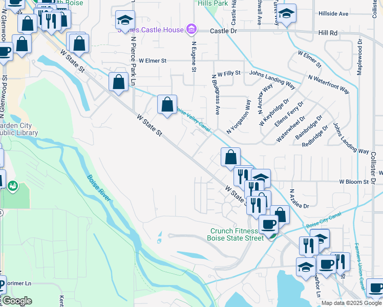map of restaurants, bars, coffee shops, grocery stores, and more near 6010 West State Street in Boise