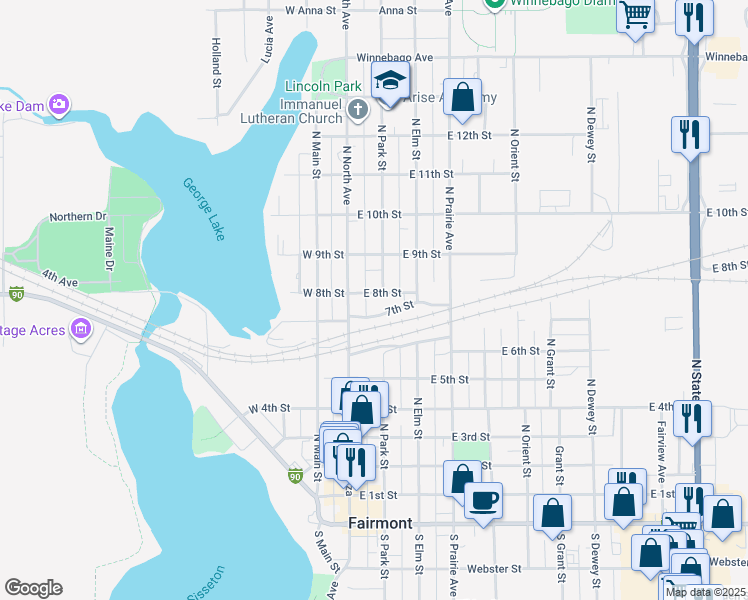 map of restaurants, bars, coffee shops, grocery stores, and more near 126 East 8th Street in Fairmont