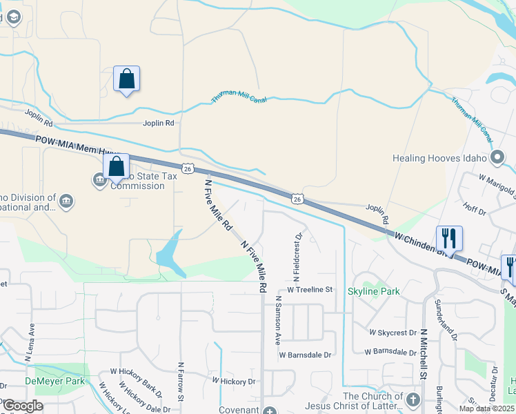 map of restaurants, bars, coffee shops, grocery stores, and more near 5951 North Willow Cliff Way in Boise