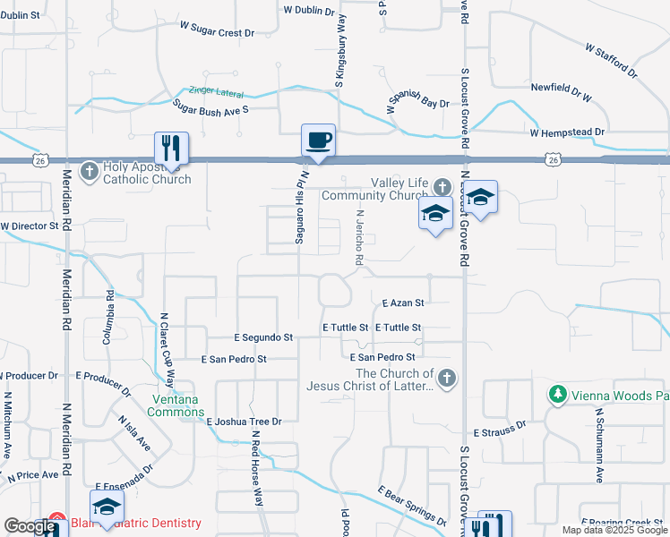 map of restaurants, bars, coffee shops, grocery stores, and more near 1098 East Pasacana Street in Meridian