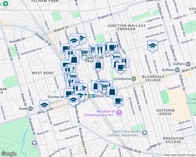 map of restaurants, bars, coffee shops, grocery stores, and more near 72 Symington Avenue in Toronto