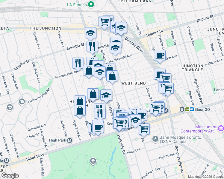 map of restaurants, bars, coffee shops, grocery stores, and more near 270 Indian Grove in Toronto