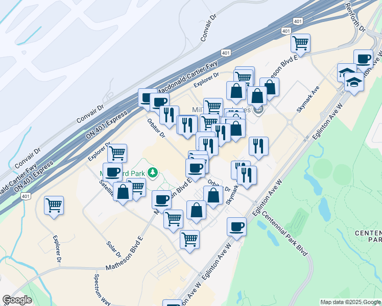 map of restaurants, bars, coffee shops, grocery stores, and more near 2550 Matheson Boulevard East in Mississauga