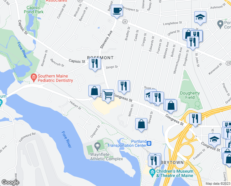 map of restaurants, bars, coffee shops, grocery stores, and more near 1363 Congress Street in Portland