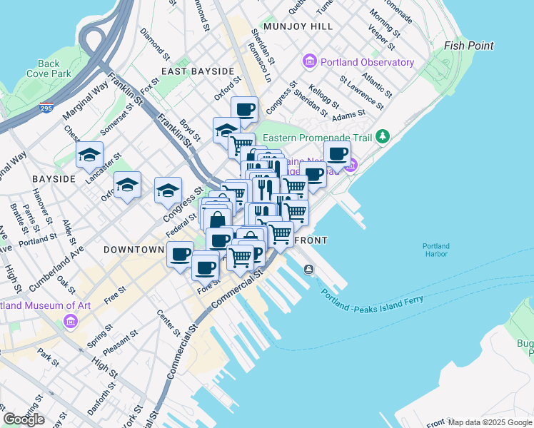 map of restaurants, bars, coffee shops, grocery stores, and more near 211 Fore Street in Portland