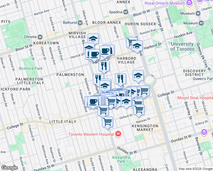 map of restaurants, bars, coffee shops, grocery stores, and more near in Toronto