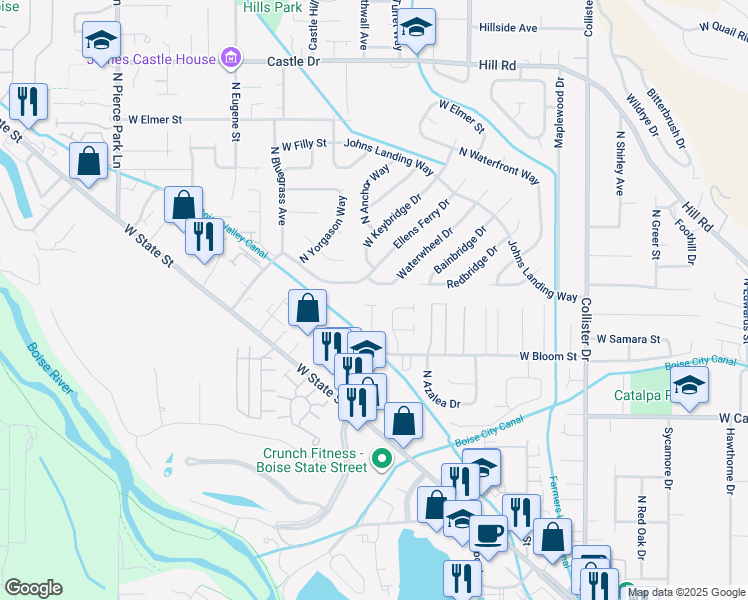 map of restaurants, bars, coffee shops, grocery stores, and more near 5528 West Clearview Court in Boise
