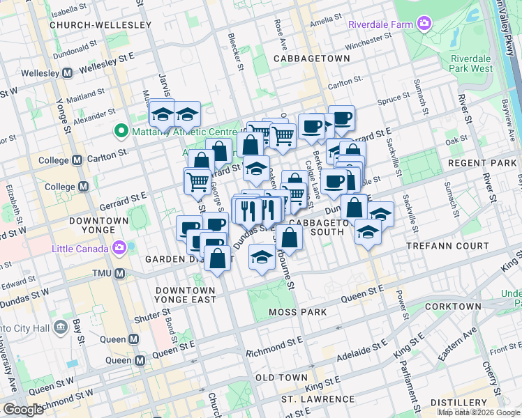 map of restaurants, bars, coffee shops, grocery stores, and more near 262 A Sherbourne Street in Toronto