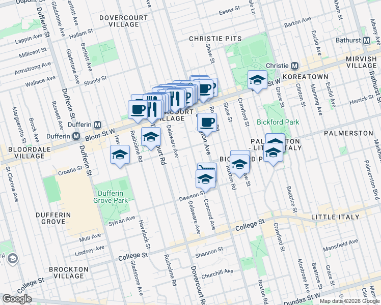 map of restaurants, bars, coffee shops, grocery stores, and more near 194 Concord Avenue in Toronto