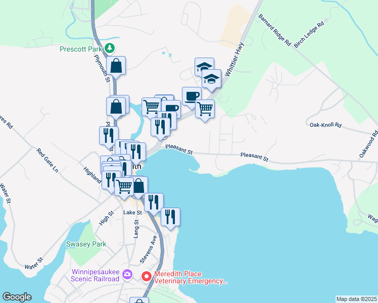 map of restaurants, bars, coffee shops, grocery stores, and more near 14 Pleasant Street in Meredith