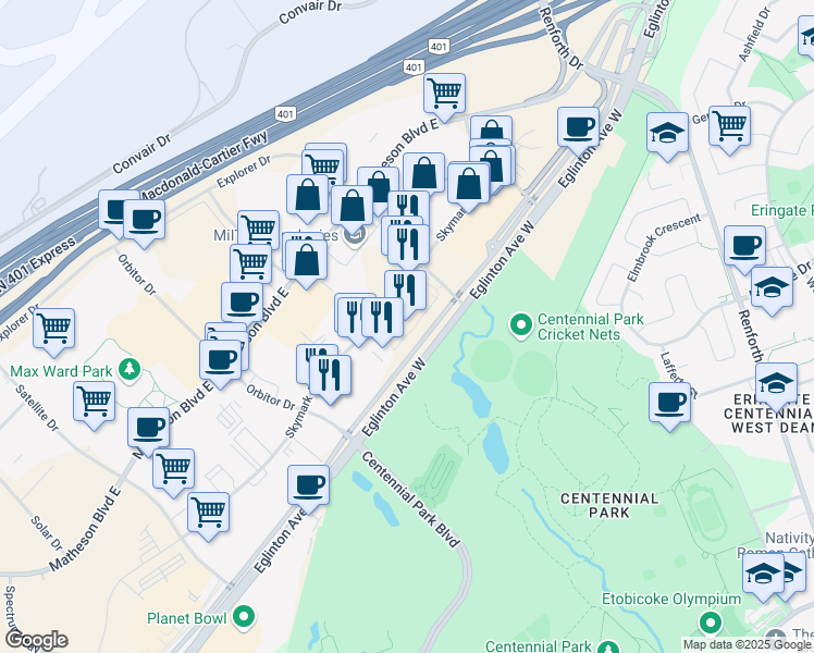 map of restaurants, bars, coffee shops, grocery stores, and more near 2680 Skymark Avenue in Mississauga
