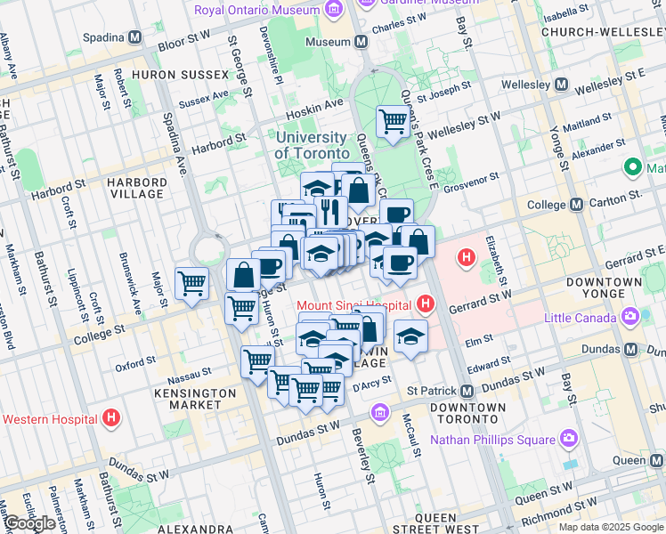 map of restaurants, bars, coffee shops, grocery stores, and more near 184 College Street in Toronto