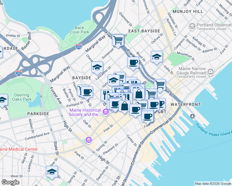 map of restaurants, bars, coffee shops, grocery stores, and more near 284 Cumberland Avenue in Portland