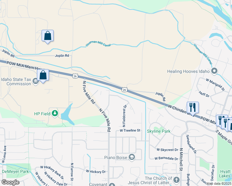 map of restaurants, bars, coffee shops, grocery stores, and more near 10530 Whispering Cliffs Drive in Boise