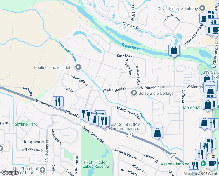 map of restaurants, bars, coffee shops, grocery stores, and more near 6007 Hazelbrook Ln in Garden City