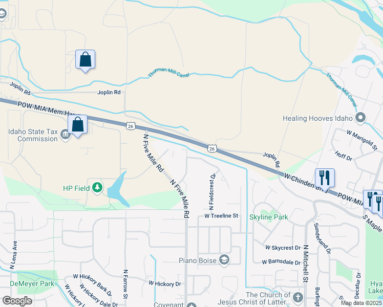 map of restaurants, bars, coffee shops, grocery stores, and more near 10530 Whispering Cliffs Drive in Boise