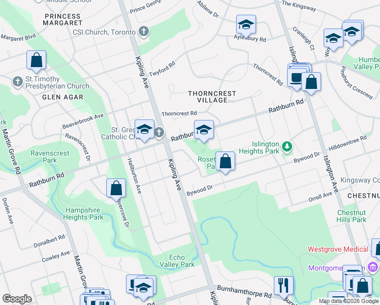 map of restaurants, bars, coffee shops, grocery stores, and more near 90 Great Oak Drive in Toronto