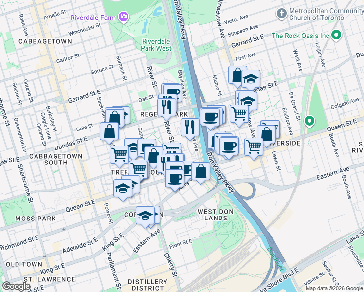 map of restaurants, bars, coffee shops, grocery stores, and more near in Toronto