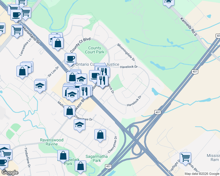 map of restaurants, bars, coffee shops, grocery stores, and more near in Brampton