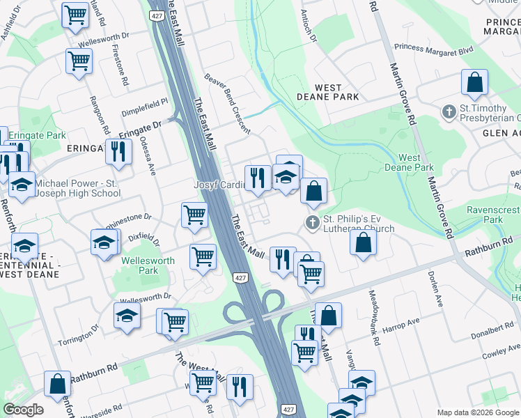 map of restaurants, bars, coffee shops, grocery stores, and more near 25 West Deane Park Drive in Toronto