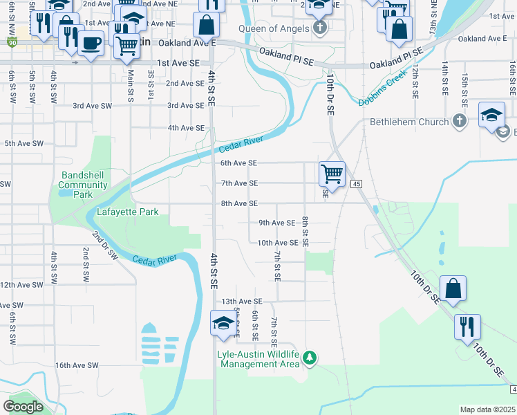 map of restaurants, bars, coffee shops, grocery stores, and more near 704 8th Avenue Southeast in Austin