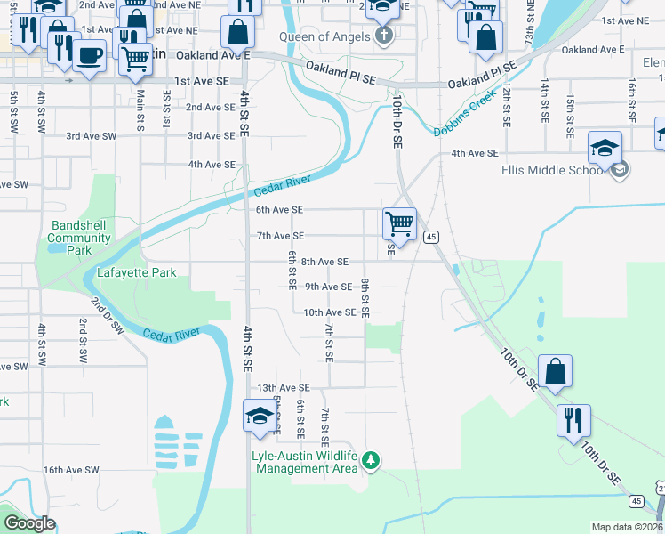 map of restaurants, bars, coffee shops, grocery stores, and more near 802 8th Avenue Southeast in Austin